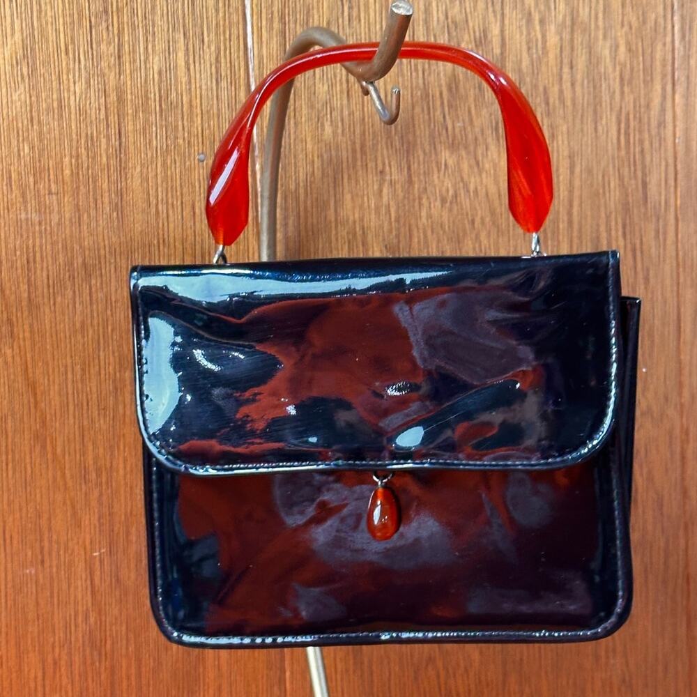 Vintage Black Faux Patent Leather Bag with Lucite or Bakelite Handle